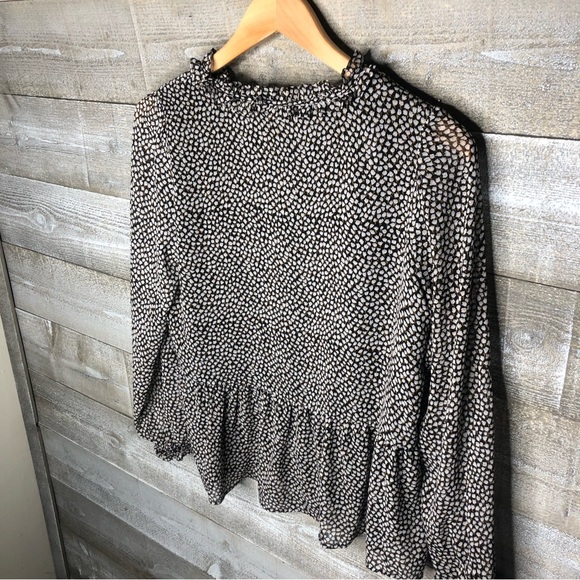 Ann Taylor Loft XSP black white ruffle botton top - Picture 3 of 3